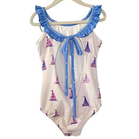 Sweet Honey Ruffle One Piece Swimsuit Sailboats Nautical Ocean Girls 6Y Summer - Picture 2 of 6